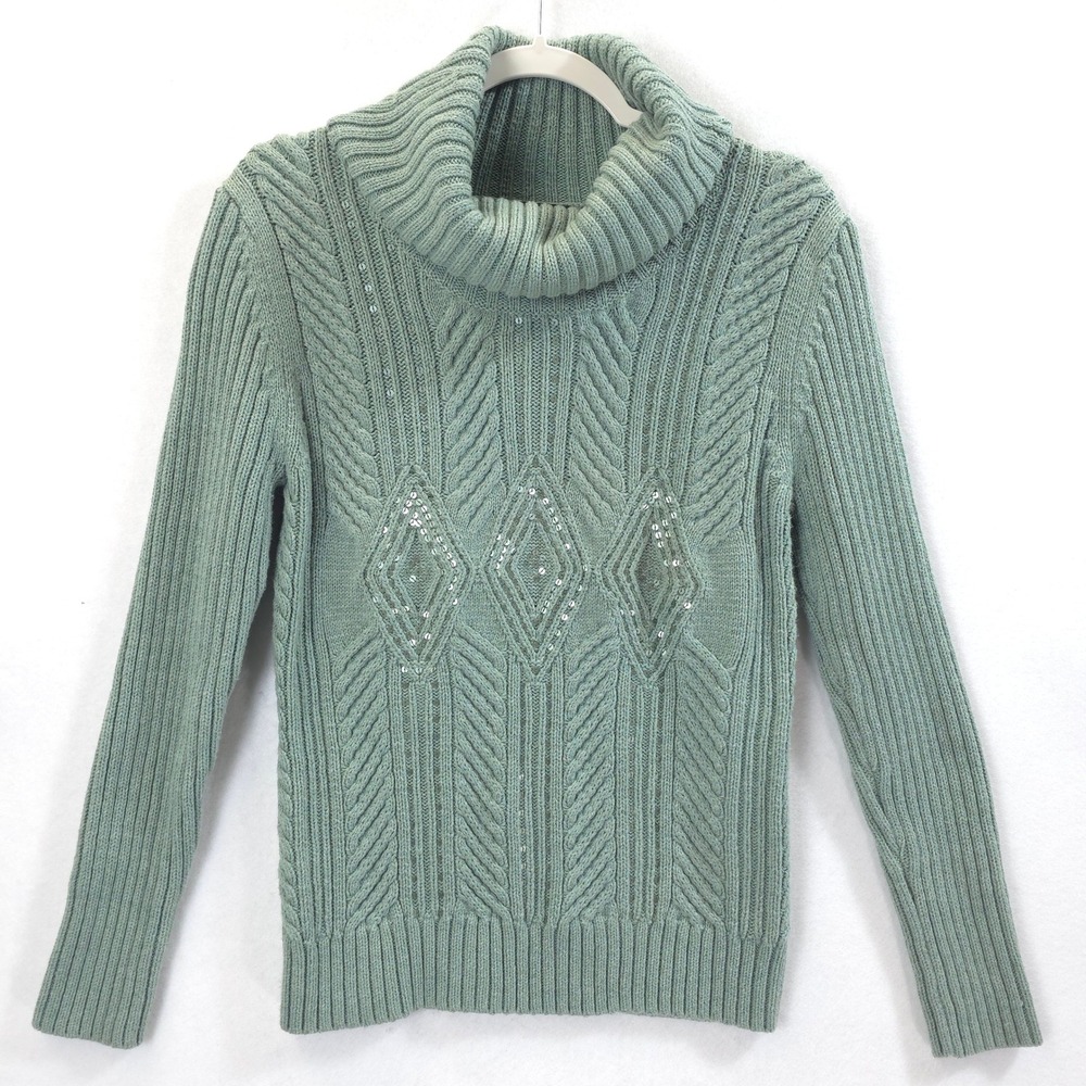 Talbots Sweater Wool Blend Sequin Cable Knit Turtleneck Sage Green Women LP Chic